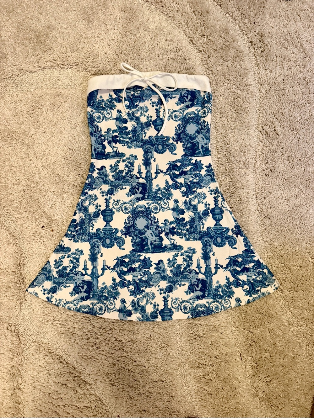 Brand New! Greek Patterned Blue Toile Strapless Dress